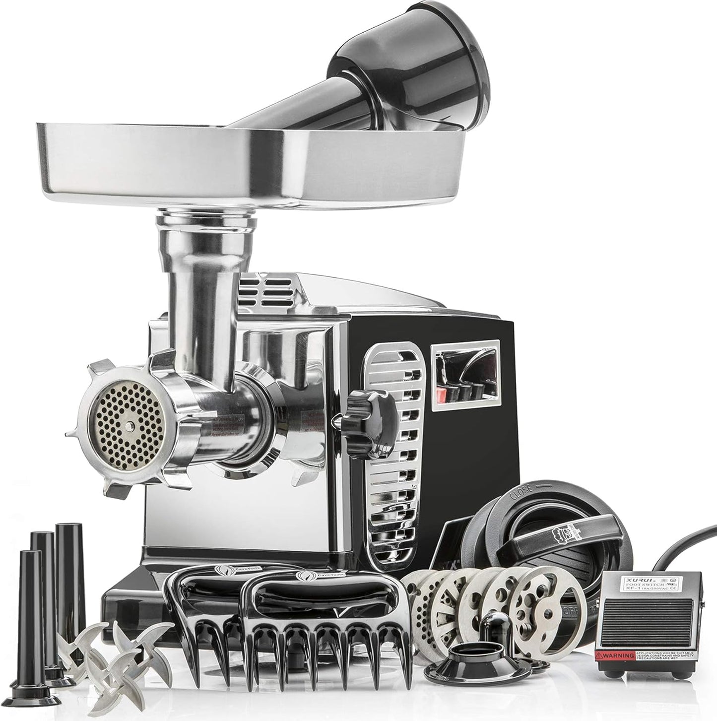 STX International Turboforce II 4000 Electric Meat Grinder | Grinds Soft Bones | Foot Pedal | 6 Grinding Plates | Stainless Steel Blades | Sausage Tubes | Kubbe Maker | Meat Claws | Patty Press & More