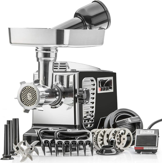 STX International Turboforce II 4000 Electric Meat Grinder | Grinds Soft Bones | Foot Pedal | 6 Grinding Plates | Stainless Steel Blades | Sausage Tubes | Kubbe Maker | Meat Claws | Patty Press & More