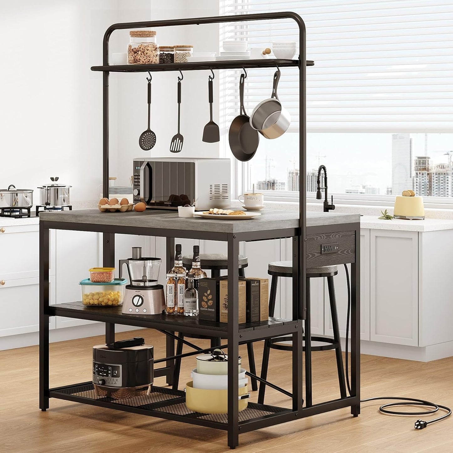 Jocoevol 46" Large Kitchen Island Table Baker Rack with Power Outlet and 3-Tier Storage-Microwave Stand Oven Shelf, Metal Coffee Bar Table,Kitchen Storage Shelf for Dining Living Room, 5 Hooks,Grey