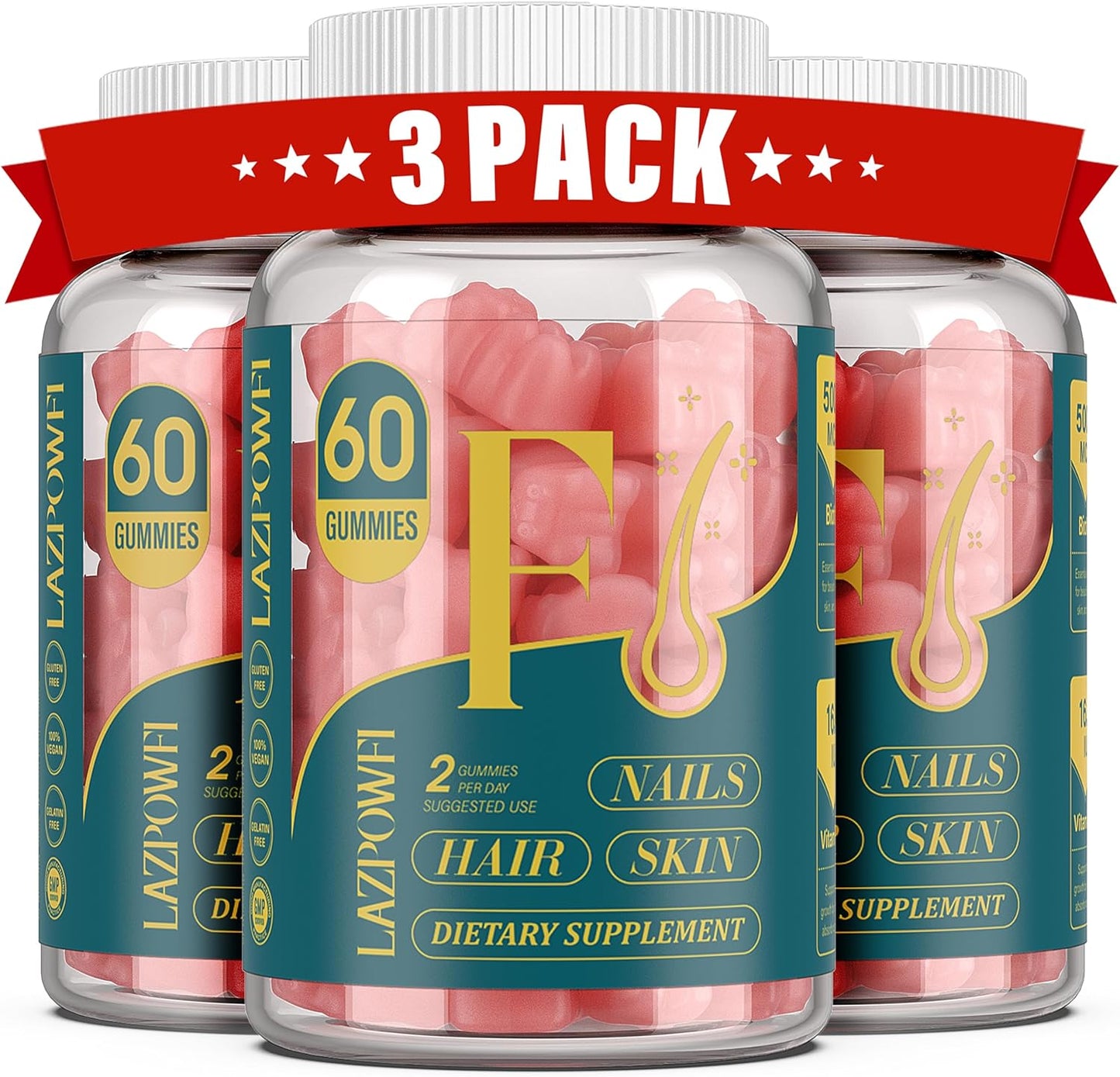 Lazpowfi Biotin Gummies -Hair Skin and Nails Vitamins for Men & Women, Vegan Vitamin B7, Supports Hair Growth and Stronger Nails,90 Day Supply-Raspberry-3 Pack