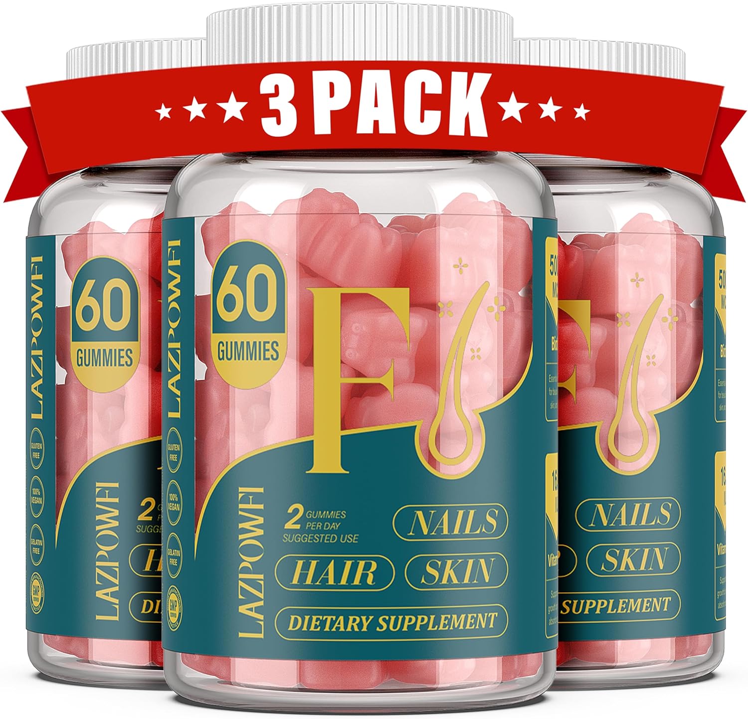 Lazpowfi Biotin Gummies -Hair Skin and Nails Vitamins for Men & Women, Vegan Vitamin B7, Supports Hair Growth and Stronger Nails,90 Day Supply-Raspberry-3 Pack