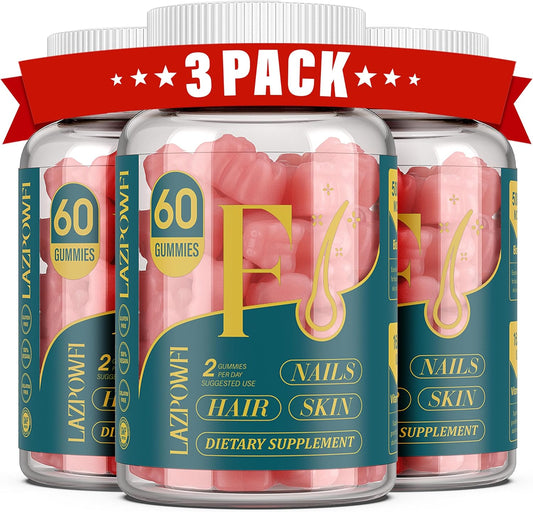 Lazpowfi Biotin Gummies -Hair Skin and Nails Vitamins for Men & Women, Vegan Vitamin B7, Supports Hair Growth and Stronger Nails,90 Day Supply-Raspberry-3 Pack