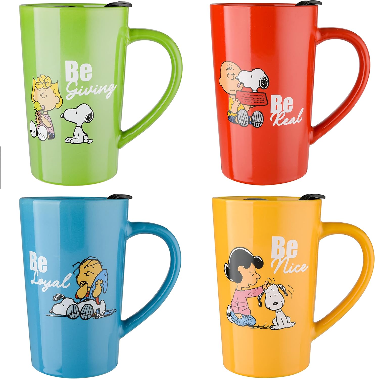 Peanuts Snoopy Gentle Reminders 18oz Travel Cup w/Lid, Stoneware, 4-Pack, Assorted Colors