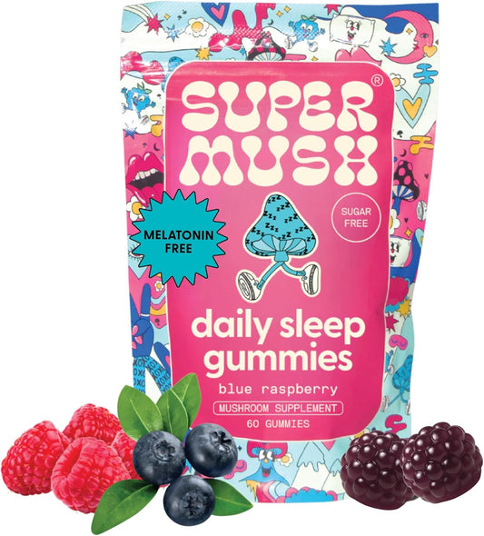 SuperMush Sleep Gummies for Adults - Mushroom Supplement with Magnesium Citrate, L-Theanine, Chaga, Reishi & Chamomile for Deep Sleep, REM & Detox - Vegan & Sugar-Free - 60 Gummies (30 Servings)