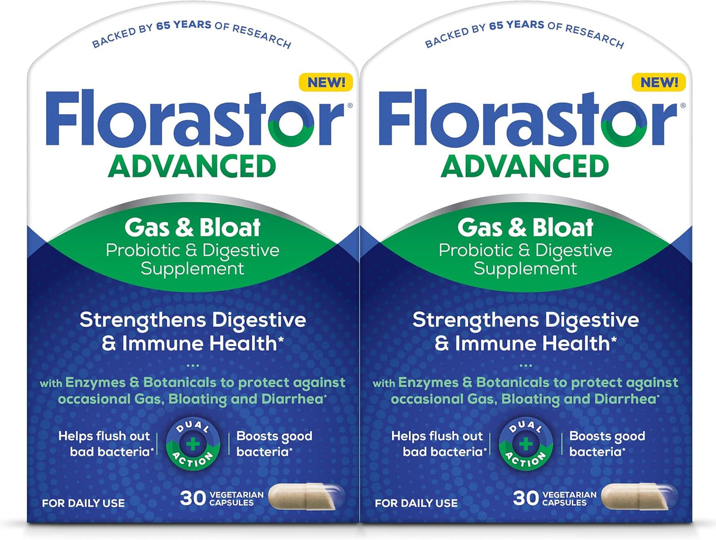 Florastor Advanced Gas and Bloat Probiotic, Digestive Enzymes and Botanicals, Plus Probiotics for Digestive Health, 30 Capsules (Pack of 2)