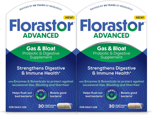 Florastor Advanced Gas and Bloat Probiotic, Digestive Enzymes and Botanicals, Plus Probiotics for Digestive Health, 30 Capsules (Pack of 2)