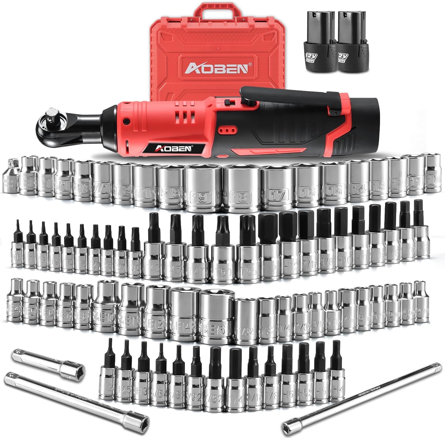 AOBEN Cordless Electric Ratchet Wrench with 83pc 1\/4" to 3\/8" impact sockets set,12V Electric Wrench with Variable Speed,3\/8" to 1\/4" Adapter, 3" Extension Bar