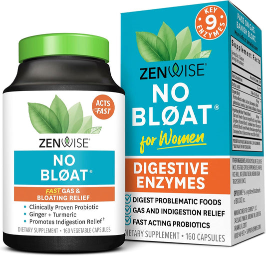 Zenwise Health No Bloat Digestive Enzymes for Gut Health, Gas & Bloating Relief - Multi Enzymes Digestion Supplement with Probiotics, Ginger, Turmeric Dandelion & Lactase - Men & Women - 160 Count