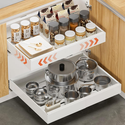 2 Pack 16.5" Deep Pull Out Cabinet Organizer, Adjustable Width (12.2"-20.4") Pull Out Drawers for Frameless Cabinets, Upgrade 3 Slide Rails Slide Out Drawers for Kitchen Cabinets