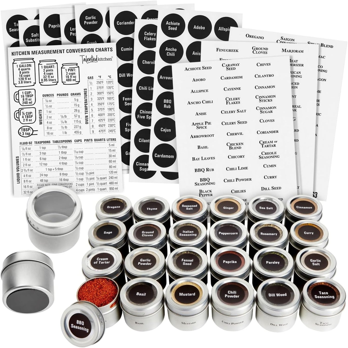 Talented Kitchen Magnetic Spice Jars - 3 oz, Stainless Steel, 24-Pack - Spice Tins with Sift & Pour Lids & Fridge Magnets for Kitchen Organization