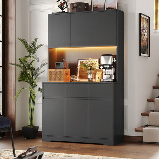 FINETONES 71" Tall Pantry Cabinet with Power Outlets and Led Lights, Large Kitchen Hutch Storage with Microwave Stand, Black Pantry Kitchen Cabinet with Cupboard