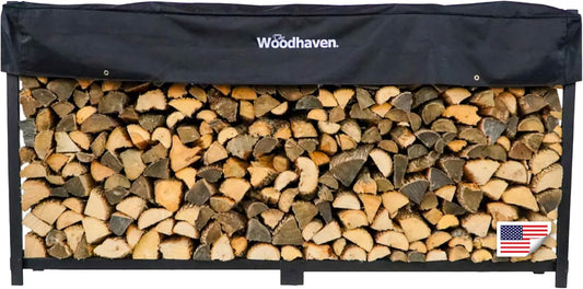 Woodhaven Pioneer 8' Firewood Rack with Cover - Black - Steel Outdoor Log Holder With Cover - Great For Short Wood - Made In The USA - Powder Coat Finish
