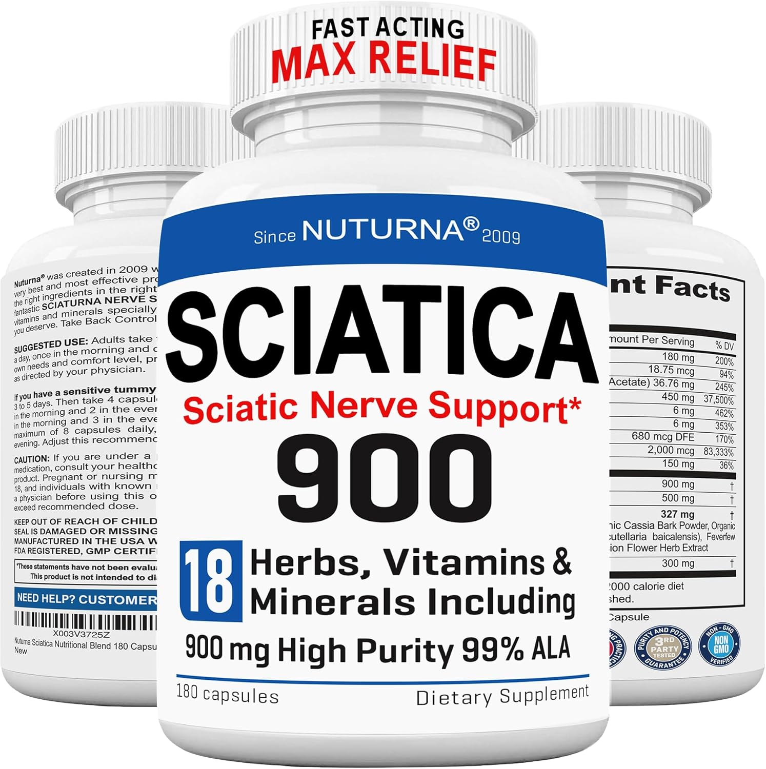 Sciatica Nerve Relief Supplement with 900 mg Alpha Lipoic Acid - Maximum Strength ALA Sciatic Support for Feet, Hands, Fingers, and Legs - Ultra Potent 18-in-1 Natural Nerve Vitamins - 180 Capsules