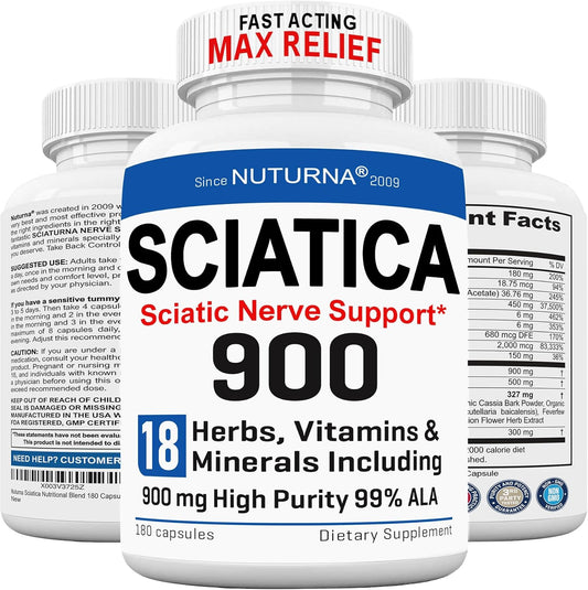 Sciatica Nerve Relief Supplement with 900 mg Alpha Lipoic Acid - Maximum Strength ALA Sciatic Support for Feet, Hands, Fingers, and Legs - Ultra Potent 18-in-1 Natural Nerve Vitamins - 180 Capsules