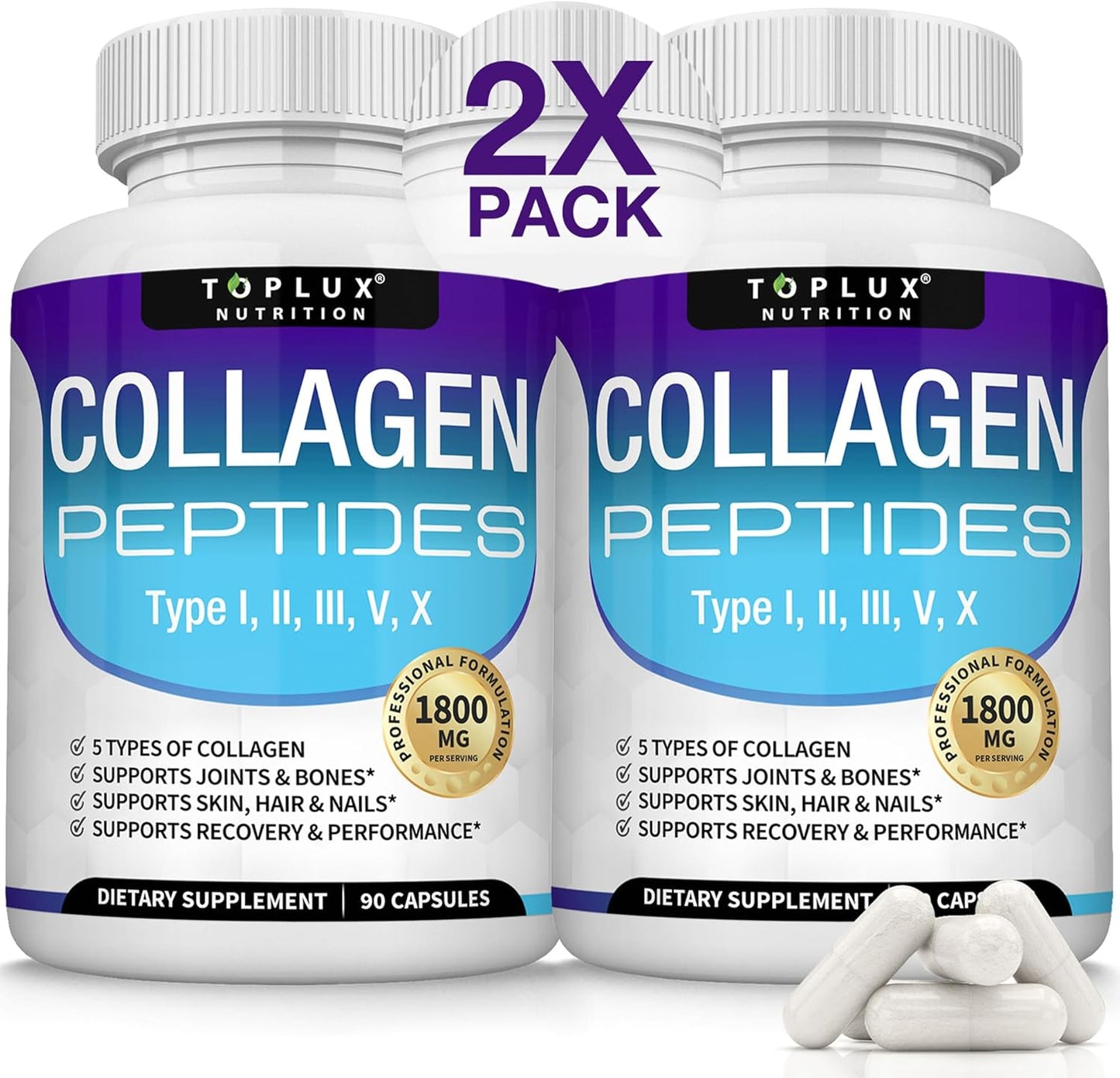 Toplux Multi Collagen Peptides Pills 1800 Mg Complex - Type I, II, III, V, X Premium Collagen Complex for Better Skin & Hair, Strong Joint, Hydrolyzed Protein, for Men Women, 90 Capsules, Supplement