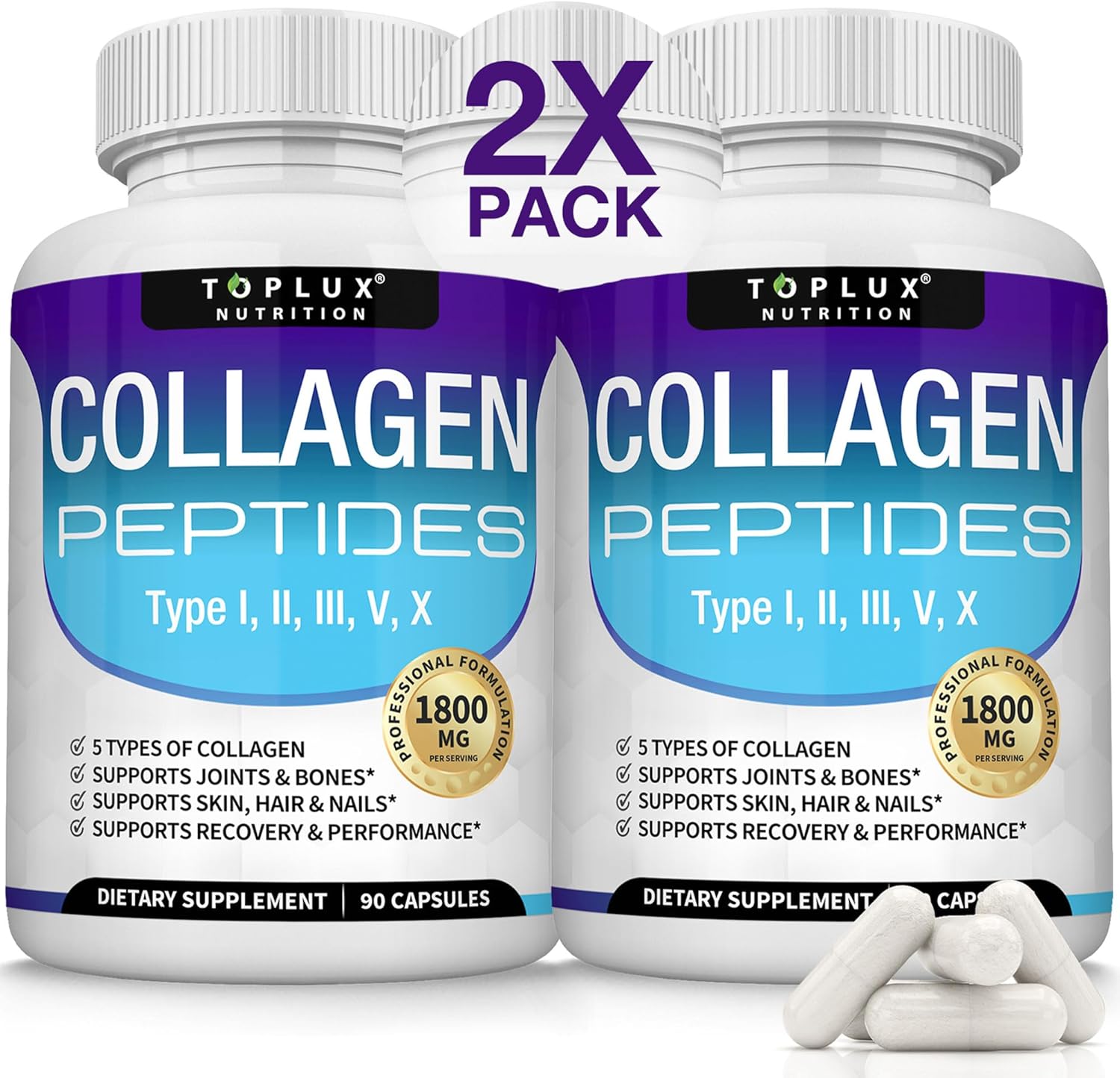 Toplux Multi Collagen Peptides Pills 1800 Mg Complex - Type I, II, III, V, X Premium Collagen Complex for Better Skin & Hair, Strong Joint, Hydrolyzed Protein, for Men Women, 90 Capsules, Supplement