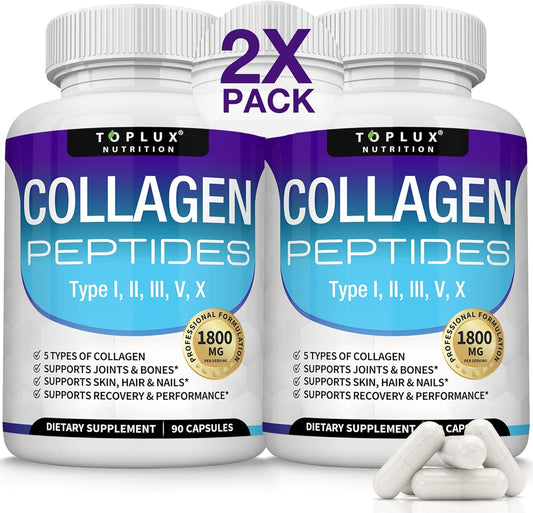 Toplux Multi Collagen Peptides Pills 1800 Mg Complex - Type I, II, III, V, X Premium Collagen Complex for Better Skin & Hair, Strong Joint, Hydrolyzed Protein, for Men Women, 90 Capsules, Supplement