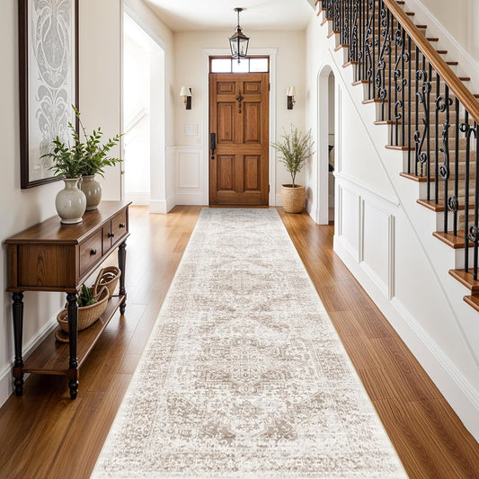 EISUROM Washable 2'6''x12' Runner Rug - Non-Slip Vintage Runner Rug for Entryway Low-Pile Medallion Long Rugs for Hallway Waterproof Traditional Runner Rugs Indoor Thin Rug for Kitchen (Cream\/Beige)