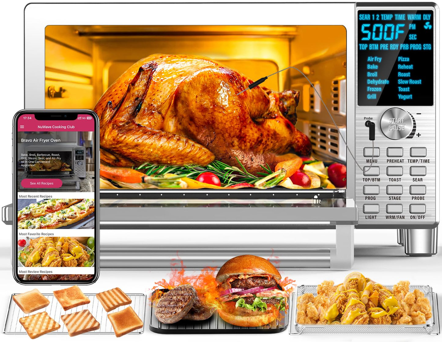 Nuwave Bravo XL Air Fryer Toaster Smart Oven, 12-in-1 Countertop Grill\/Griddle Combo, 30-Qt XL Capacity, 50F-500F adjustable in precise 5F increments, Integrated Smart Thermometer, Linear T Technology