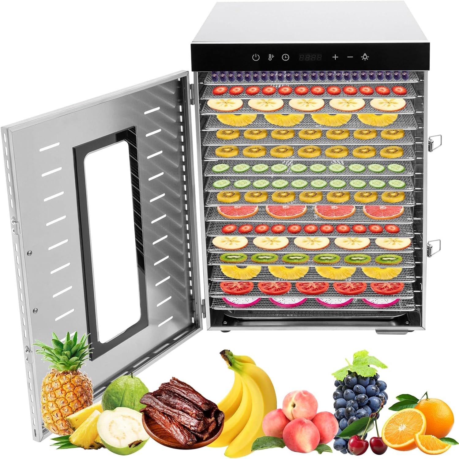 Commercial Food-Dehydrator Machine, 16 Trays 1350W Stainless Steel Fruit Meat Dehydrator w/ Touch Control&Built in LED light, 86-194°F, 0.5-24h Timing, Food Dryer Hydroextractor, 15.96*18.11*22.64in