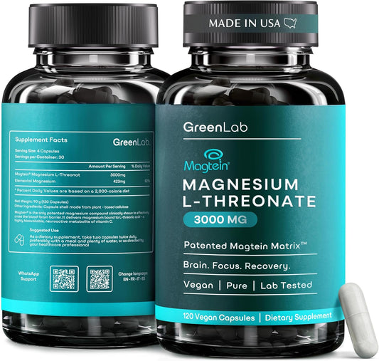 Magnesium L-Threonate (Magtein) – Brain, Memory & Sleep Support – 3000mg, 120 Vegan Capsules – Laboratory Tested, Made in The USA, Gluten-Free