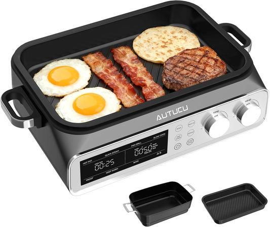 N21NA Pro Slow Cooker 10 Quart, 8-in-1 Programmable PFOA-Free Ceramic Coated Multi-Cooker with Grill Pan, Steaming Plate (Includes Silicone Spoon & Tongs)