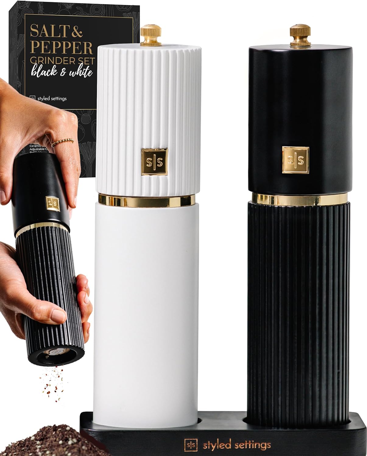 Styled Settings White and Black Salt and Pepper Grinder Set with Gold Accents \u2013 Set of Two Refillable Wooden Manual Grinders with Adjustable Ceramic Mills & Matching Wooden Stand - Ideal for Gifting