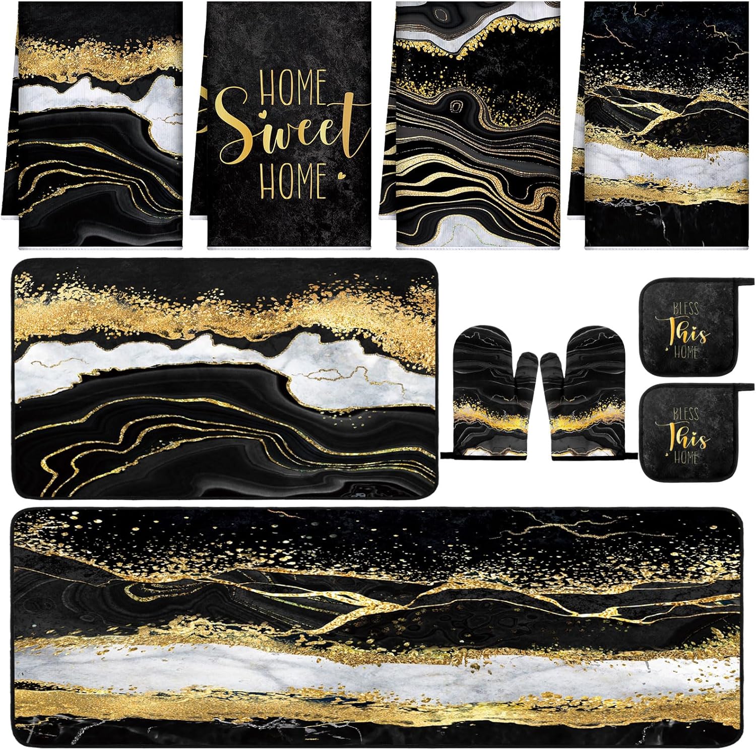 Fourluoo 10 Pcs Marble Farmhouse Kitchen Decor Accessories Set Marble Kitchen Dish Towels Rugs Oven Mitts and Pot Holders Sets for Cooking Baking Daughter Mom Gift(Black)