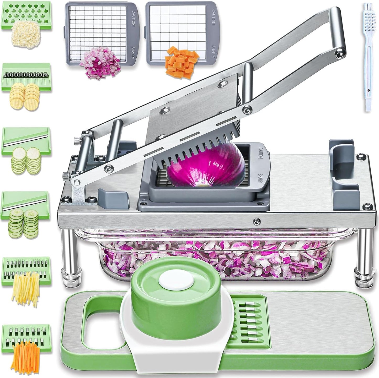 All-in-1 Vegetable Chopper with 8 Blades - Mandoline Slicer-Pro Food Chopper with Container - Veggie Salad Onion Chopper - Potato Dicer French Fry Cutter - Cheese Grater - Stainless Steel material