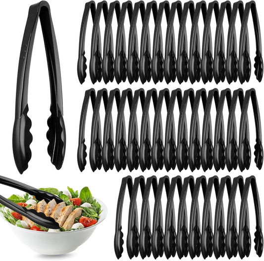Tessco 50 Pcs Plastic Tongs for Serving Bulk, 9 Inch Plastic Disposable Serving Tongs Heavy Duty Salad Utensils for Kitchen Buffets BBQ Events Catering (Black)