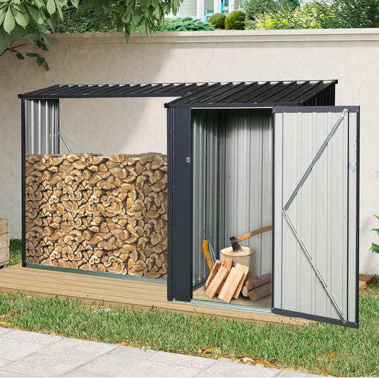 Outdoor Firewood Rack with Storage Shed Galvanized Steel Two in One Design for Backyard Wood Storage Organizer Black 54″ Wide