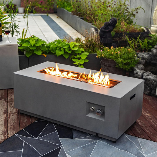 42" Propane Outdoor Gas Fire Pit Table 2-Pieces,50000 BTU Rectangular Steel Fire Pit with Glass Wind Guard for Outside Patio Deck Garden Courtyard-Gray
