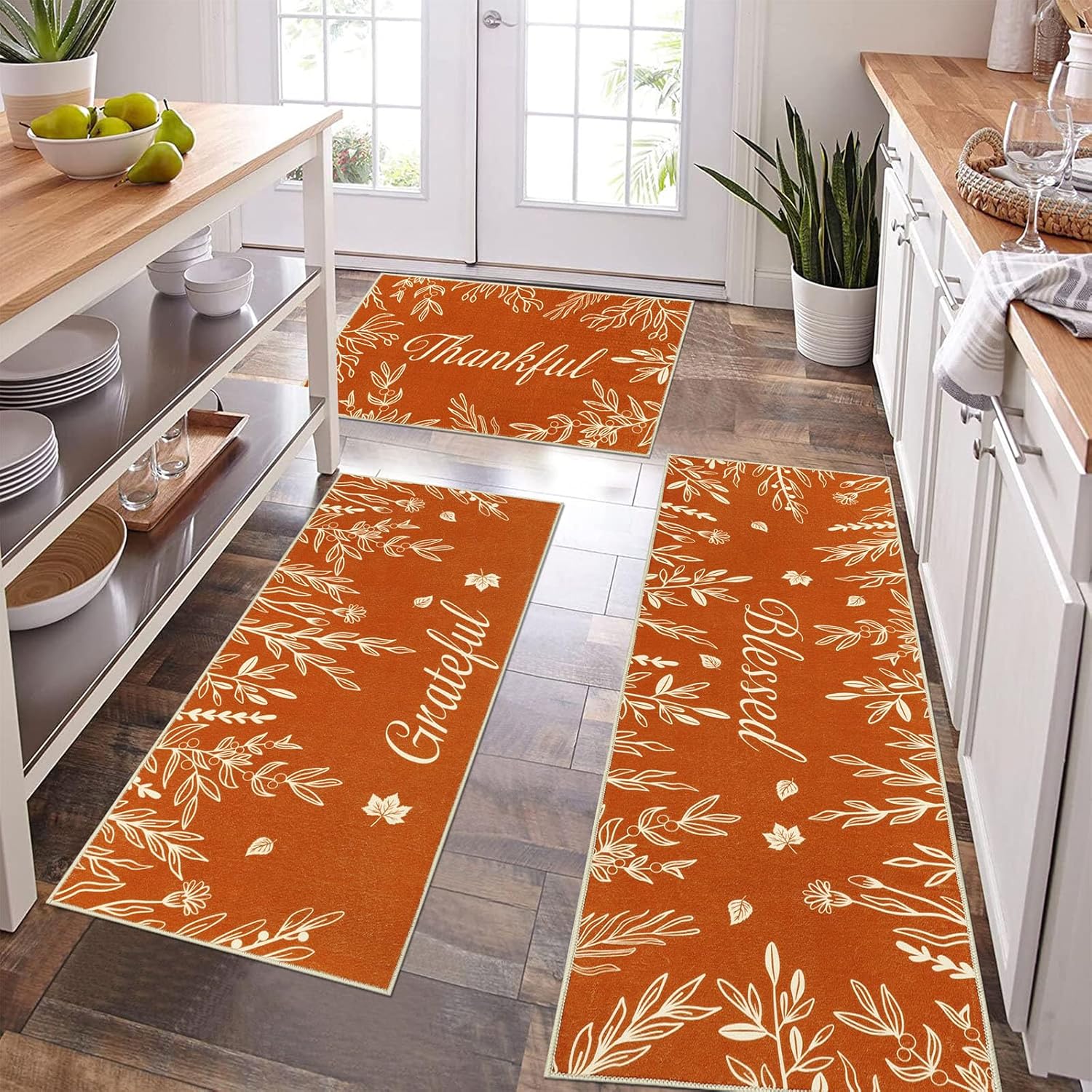 Pauwer Fall Kitchen Rug Sets of 3, Pumpkin Truck Floor Mats, Farmhouse Non Skid Washable Kitchen Runner Throw Rugs for Thanksgiving Decor