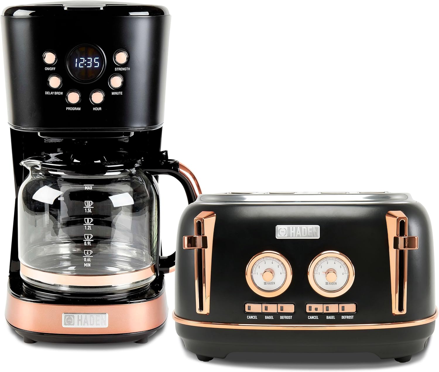 Haden Dorset 4 Slice Wide Slot Stainless Steel Toaster Bundled with 12 Cup Programmable Drip Coffee Maker Coffee Machine, Black & Copper