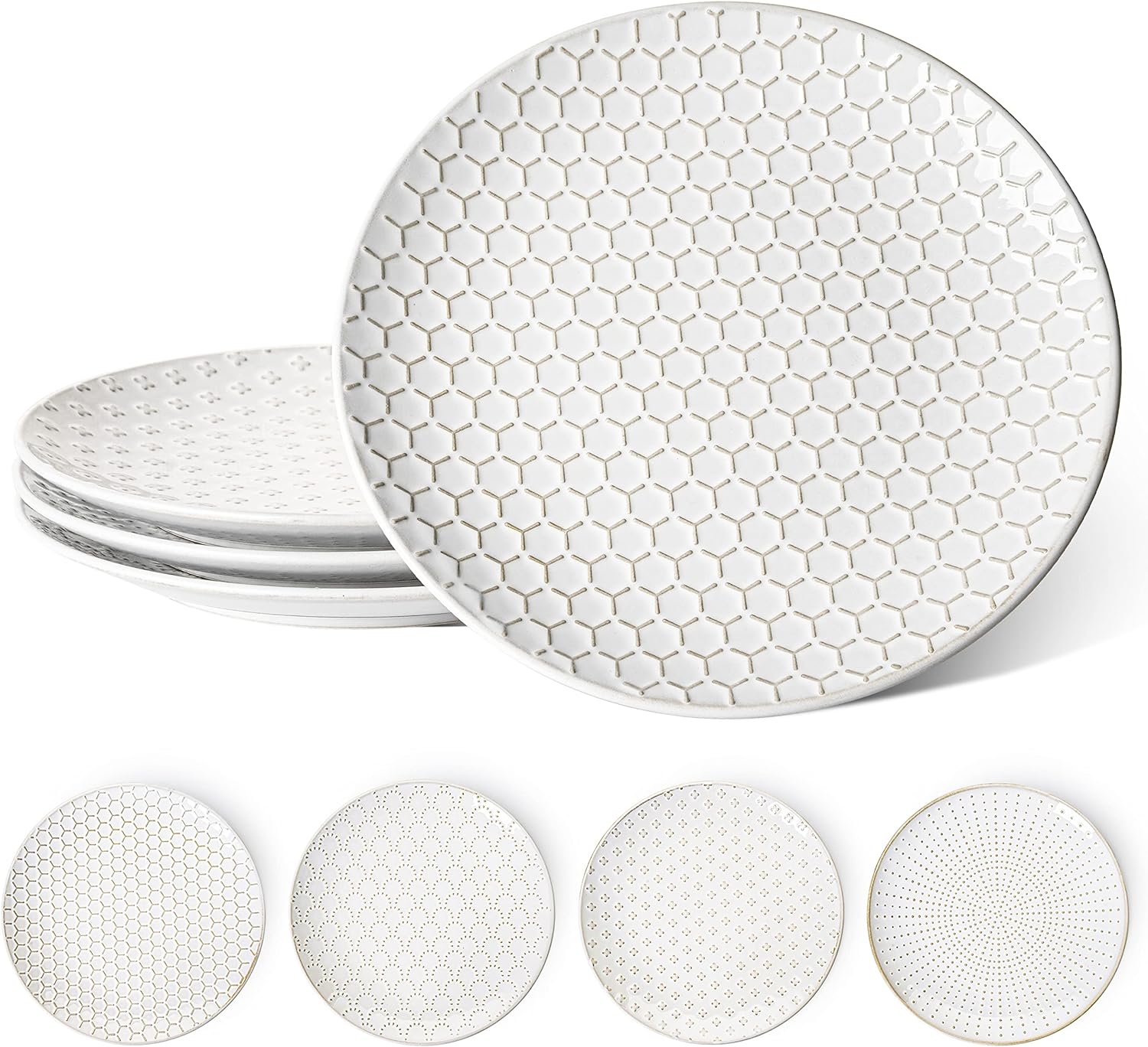 LE TAUCI Dinner Plates 10 Inch, Ceramic Dish Set for Kitchen, Embossed Serving Dish, Microwave Oven Dishwasher Safe, For Housewarming or Wedding - Set of 4, Arctic white