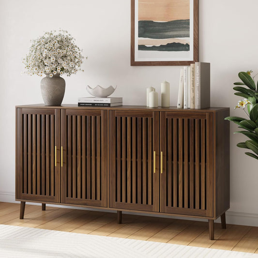 Smart FENDEE 63" Long Sideboard Buffet with 4 Louvered Doors, Farmhouse Buffet Storage Cabinet with Gold Handle, Coffee Bar Cabinet for Entryway, Kitchen, Dining Room, Living Room, Walnut Color