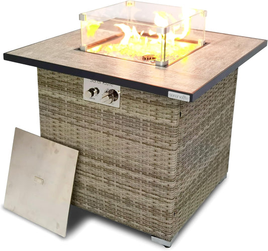 SereneLife Propane Fire Pit Table, 50000 BTU CSA/ETL Certified Safe Gas Table with Sturdy Wicker Base, Stainless Steel Burner, Glass Wind Guard & Cover, Outdoor Fireplaces for Parties