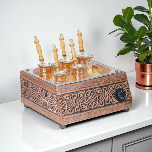 Traditional Handcrafted Copper Sand Coffee Maker Machine – W/ 5-Pots – 1000 Watt, 110 Volt – Authentic Turkish Coffee Experience rich in foam