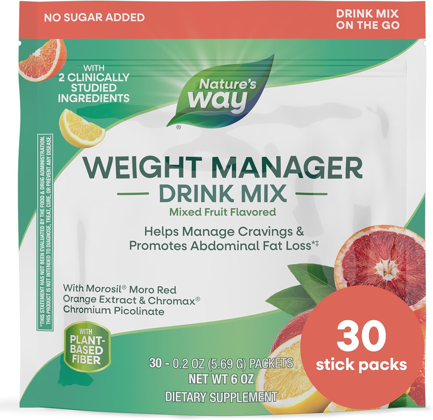 Nature’s Way Weight Manager Drink Mix, Helps Manage Cravings & Promotes Abdominal Fat Loss‡, with Clinically Studied Ingredients, Plant-Based Fiber, No Sugar Added, Mixed Fruit Flavored, 30 Packets