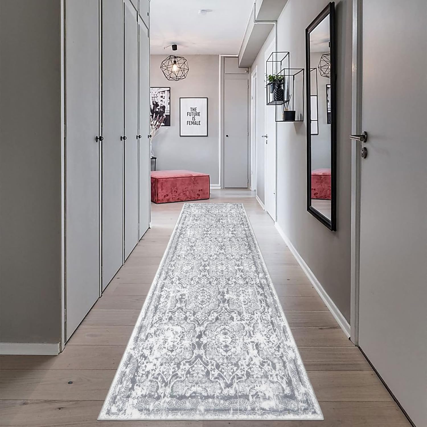 Vaukki Hallway Runner Rug, Vintage Shaggy Soft Laundry Rug Runner, Non Slip Entryway Runner Mat, Washable Farmhouse Kitchen Area Carpet for Bathroom, Entryway and Bedroom (2'6'' X 8', Grey)