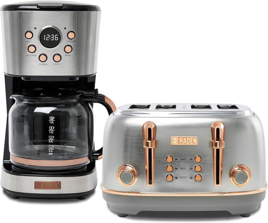 Haden Heritage 4 Slice Wide Slot Stainless Steel Toaster Bundled with 12 Cup Programmable Drip Coffee Maker Coffee Machine, Steel & Copper