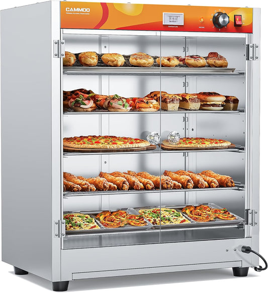 133Qt 5-Tier 900W Commercial Food Warmer w/ 304 Blued Stainless Steel Heating Element, Double-Tempered Glass Door, Adjustable Shelf, Electric Catering Hot Box Countertop Heated Holding Cabinet