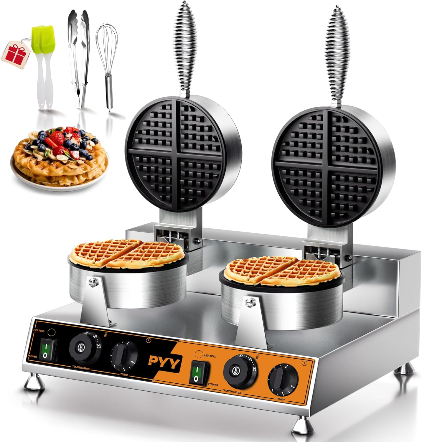 PYY Commercial Waffle Maker - Dual-Head Round Waffle Baker Machine, 2500W Fast Heating, Stainless Steel, Non-Stick Professional Waffle Maker Electric Chaffle Maker for Restaurant Party Food Truck