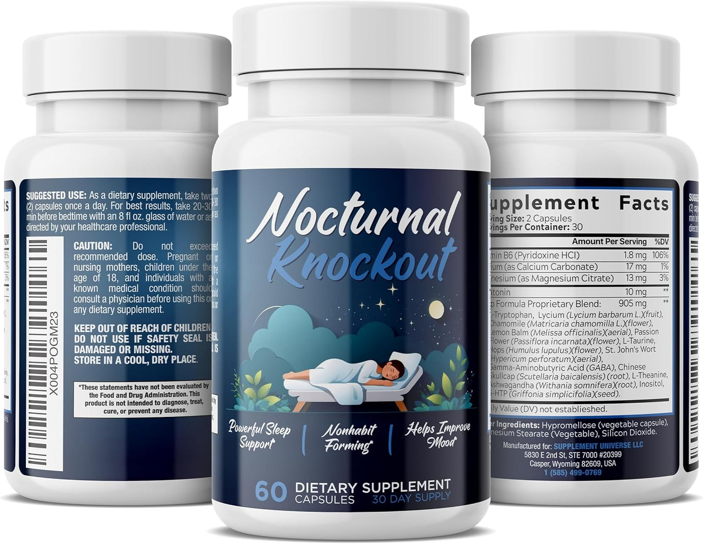 Nocturnal Knockout | 18 in 1 Powerful Sleep Aid for Adults | Non Habit Forming 3rd Party Tested Formula | Magnesium, Melatonin, 5-HTP, Taurine, GABA + 13 More | No Prescription Required - 60 Capsules