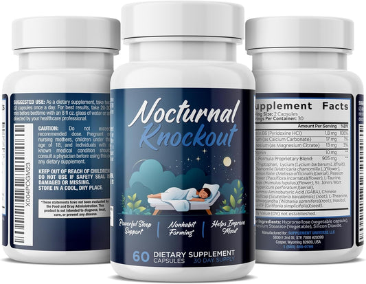 Nocturnal Knockout | 18 in 1 Powerful Sleep Aid for Adults | Non Habit Forming 3rd Party Tested Formula | Magnesium, Melatonin, 5-HTP, Taurine, GABA + 13 More | No Prescription Required - 60 Capsules