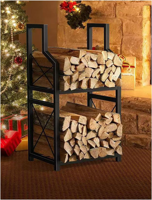 Metal Firewood Rack, Fireplace Wood Storage Shelf, 2-Tier Fire Wood Log Storage Rack Stacker Stand, Suitable for Outdoor Terraces and Balconies