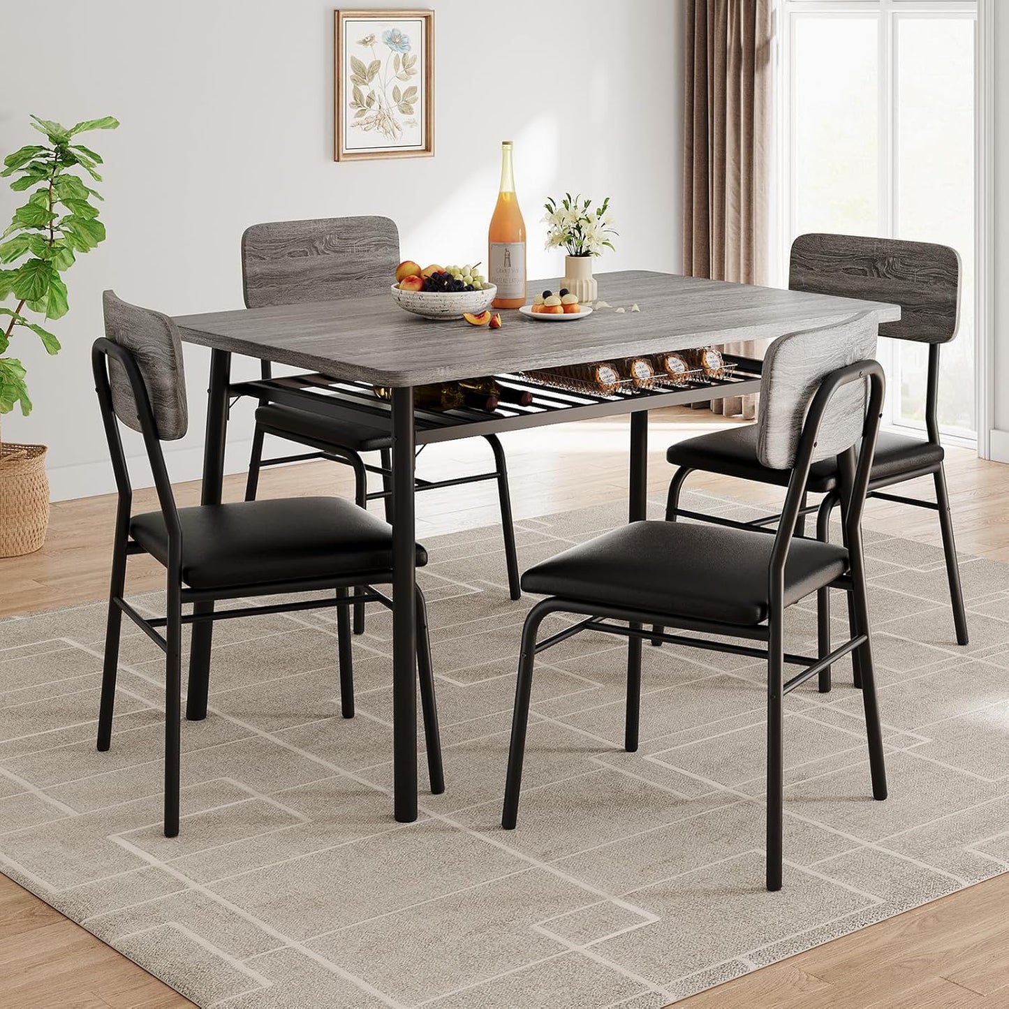 GarveeHome Dining Table Set for 4 with Storage Rack, 5-Piece Kitchen Table and Upholstered Chairs of 4, Wood Tabletop & Heavy-Duty Metel Frame, Dining Room Set for Small Space, Apartment, Gray