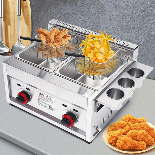 Gas Fryer, 6Lx2 Commercial Deep Fryer, Stainless Steel Dual LPG Gas Deep Fryer, with 2 Frying Baskets, for Kitchen, Restaurant and Home Use