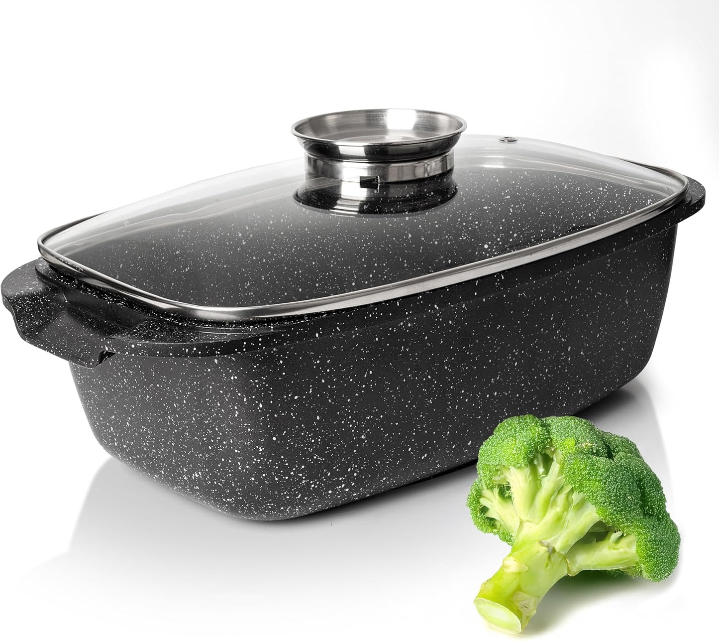 Moss & Stone 6 Quart Oval Roaster Pot with Lid, 12"x8.3" Die Cast Aluminum Chicken Roaster, Induction, Gas & Ceramic Cooktop Compatible, Hard Anodized Nonstick Roasting Pan With Lid, Oven Safe