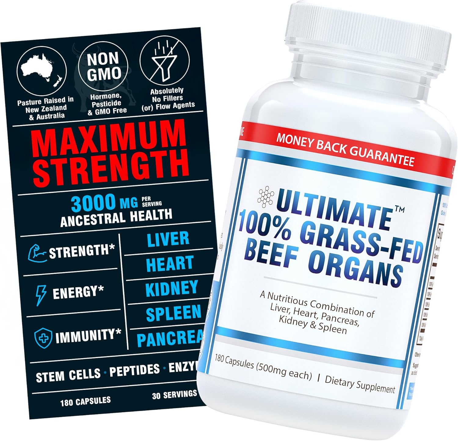 Ultimate 100% Grass Fed Beef Organs Supplement Supports Energy & Whole Body Wellness* with a Complex of Desiccated Beef Liver, Heart, Kidney, Pancreas & Spleen. Pesticide Free & Non-GMO, 180 Capsules